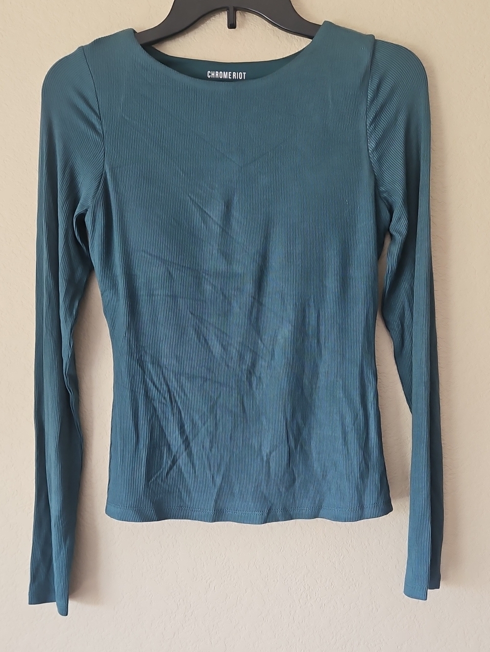 Women's Teal Long-Sleeve Ribbed Top Medium Built In‎ Bra